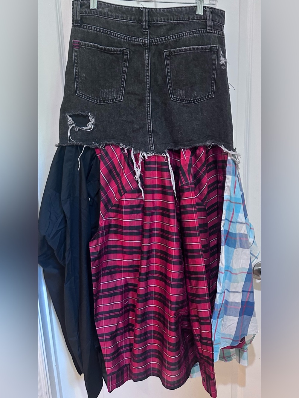 Upcycled denim with Plaid panels men’s shirts Maxi Skirt size M - Picture 3 of 3